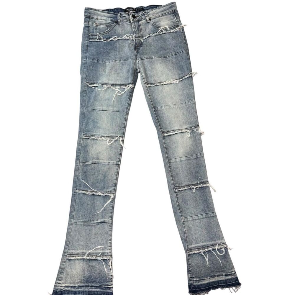 Street Jeans Men’s 32x36 Stacked Fit Patchwork Distressed Flare Jeans